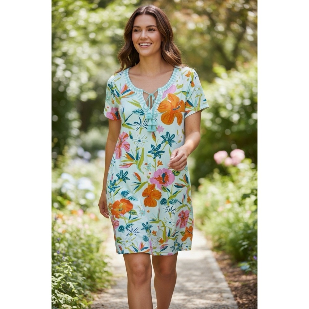 Spartina 449 Size Medium Sea Foam Floral Tassel Tie Embroidered Tunic Mini Dress
